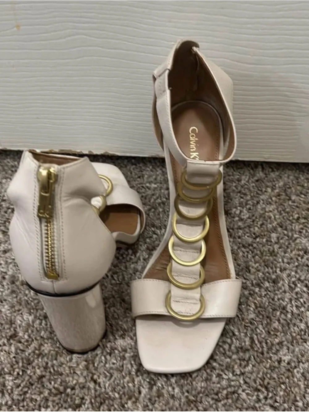 Calvin Klein Cream Block Heel Sandals with Gold Ring Detail